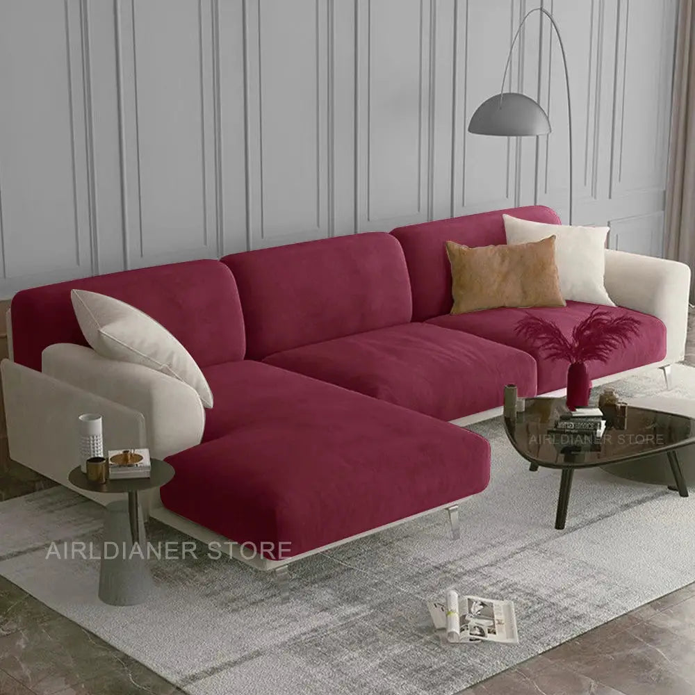 Velvet magenta sofa seat cover set by Simples Market with elastic edges