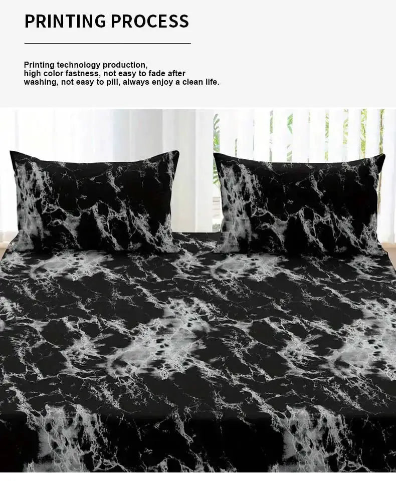 Simples Market 3-Piece Marble Print Fitted Sheet Set in black marble with two matching pillowcases.