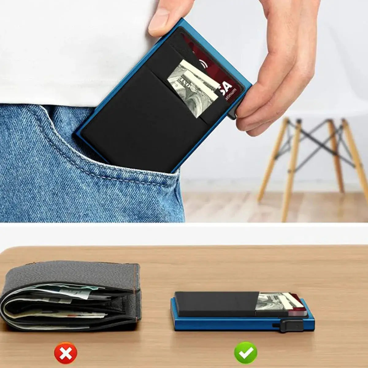 Simples Market blue aluminum RFID cardholder wallet; minimalist, compact with cards visible (two wallets shown)