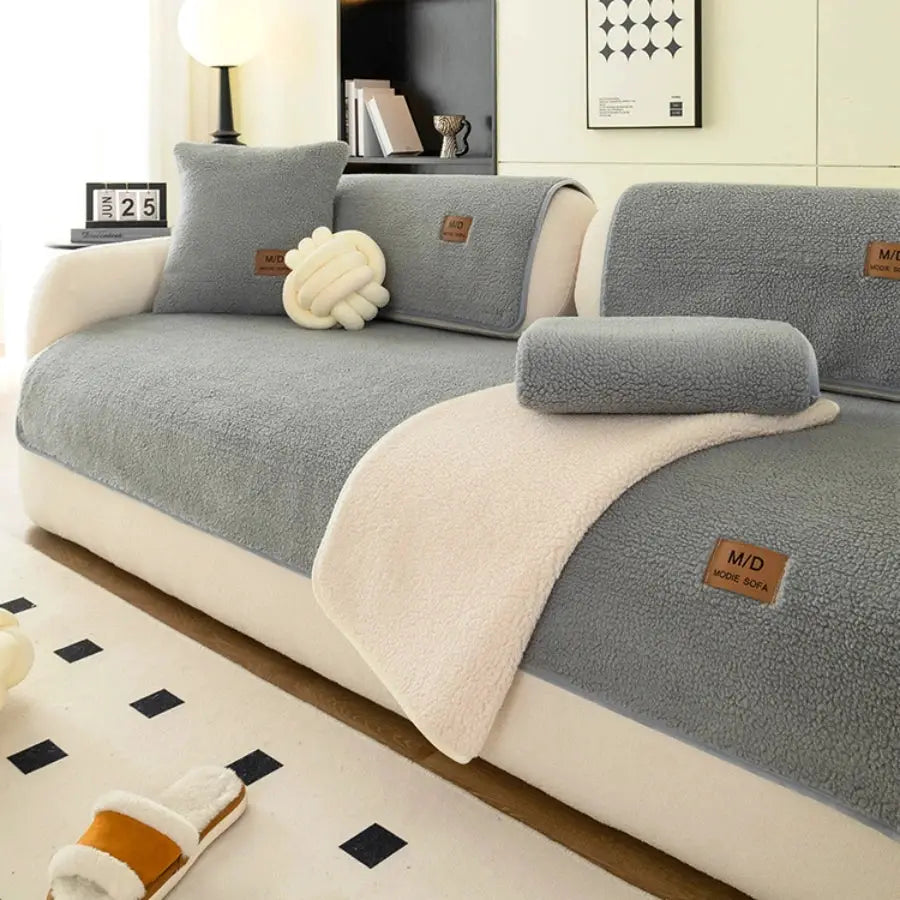 Solid sherpa anti-slip sofa cover set by Simples Market, grey/cream, universal couch slipcover