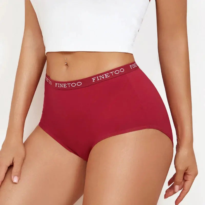 Red cotton high-waist seamless panties with Finetoo waistband, women's breathable underwear