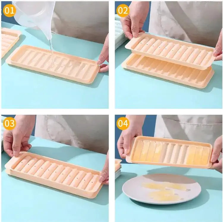 Long bar ice cube mold in beige with rectangular slots for making long ice cubes