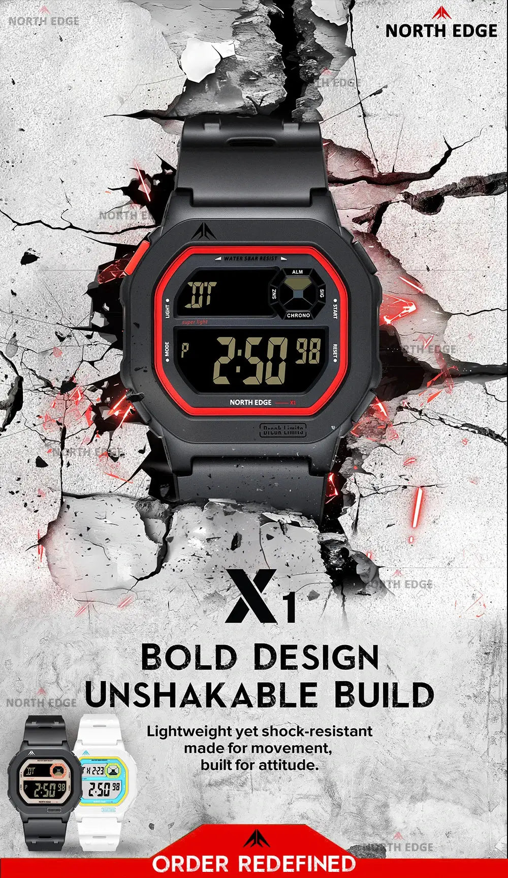 North Edge X1 square-screen digital sports watch, black with red bezel, 50m waterproof, stopwatch