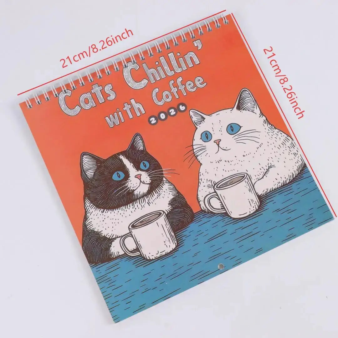 Calendar: cat art featuring two cats with coffee mugs, 2026 spiral-bound wall calendar, orange and blue illustration