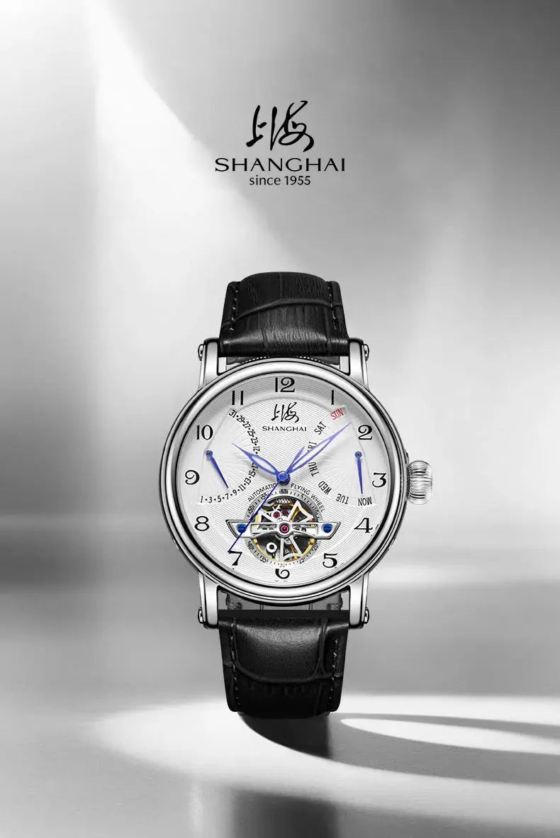Shanghai Watch 42mm automatic skeleton watch with blue hands, calendar, black leather strap