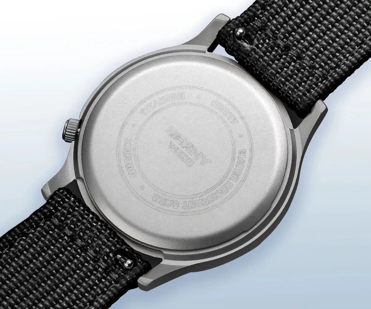 BERNY titanium men's field watch back view with black fabric strap