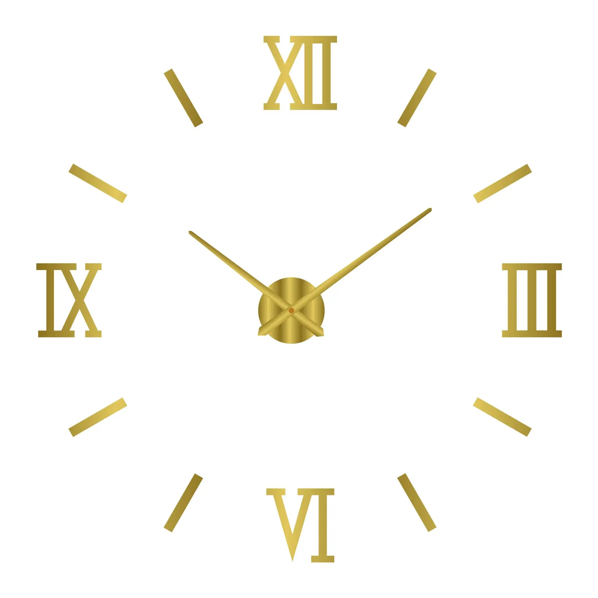 Large wall clock with gold Roman numerals and gold hands on white background; modern design