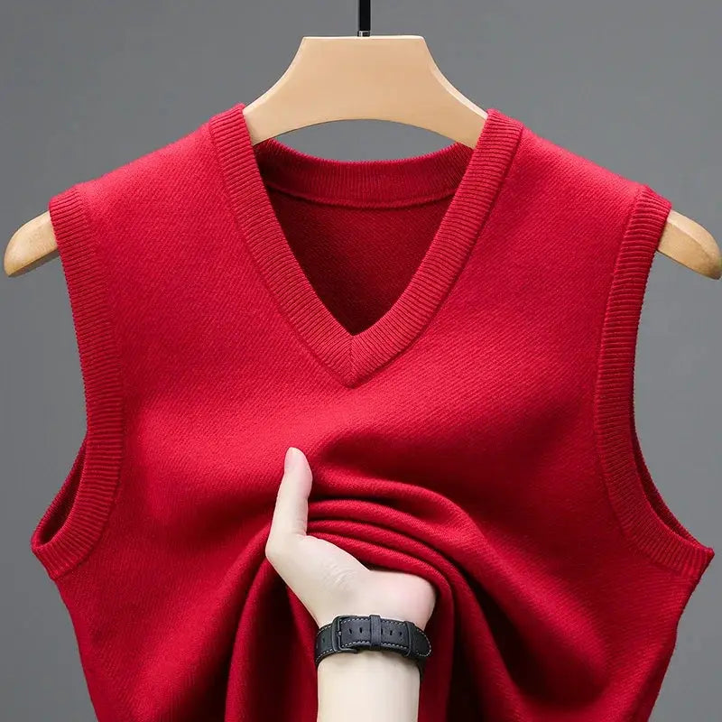 Men's red sleeveless wool cashmere vest with V-neck knit waistcoat