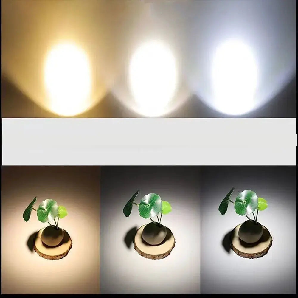 Focusing LED Spotlight by Simples Market, E27 110–220V, zoomable warm/neutral light for rooms and murals, 3-panel collage