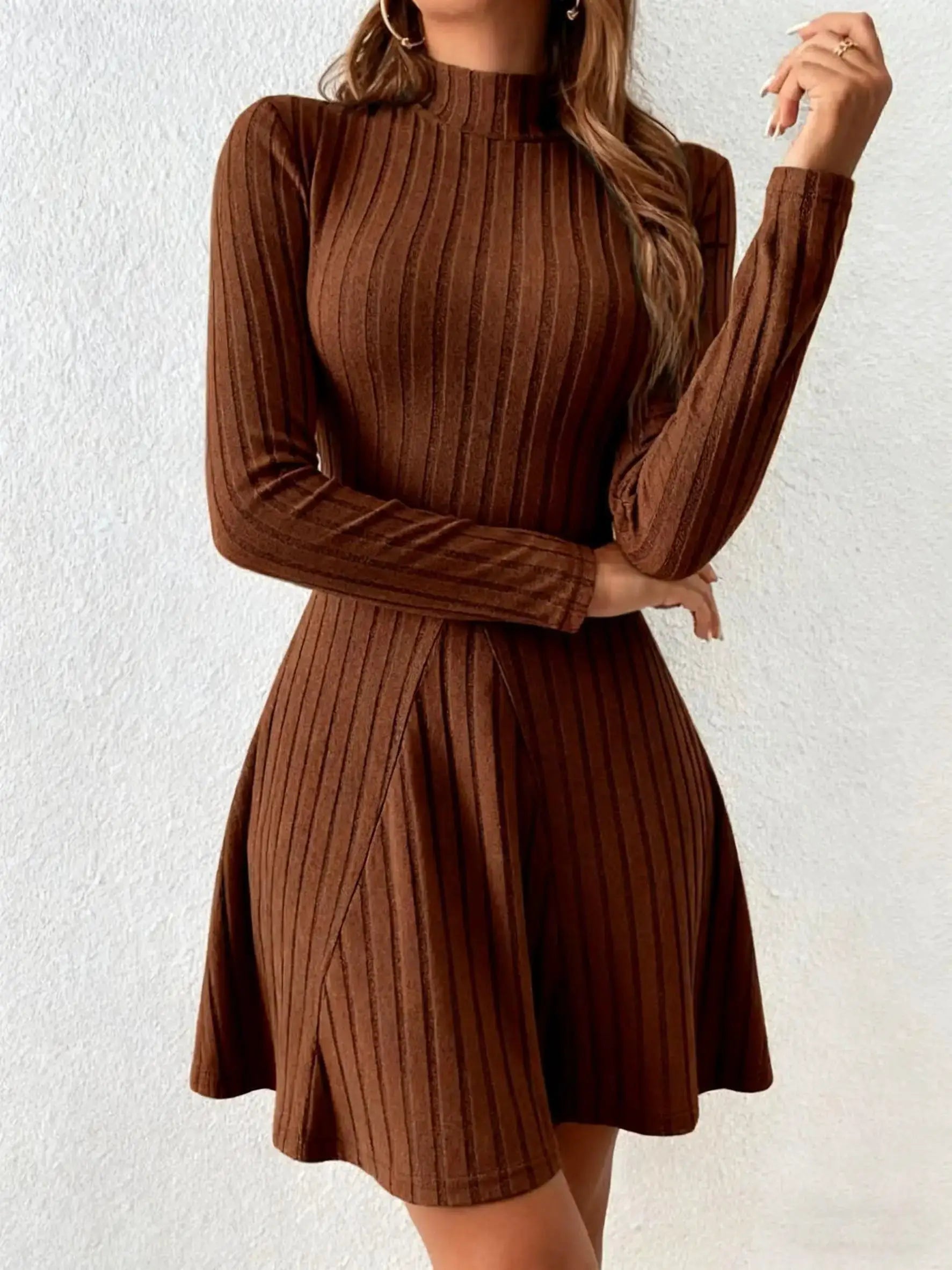 LuxeWeave Womens Slim Fit Dress With Half High Collar Cinched Waist Aline Pinstripe Long Sleeves For Autumn And Winter