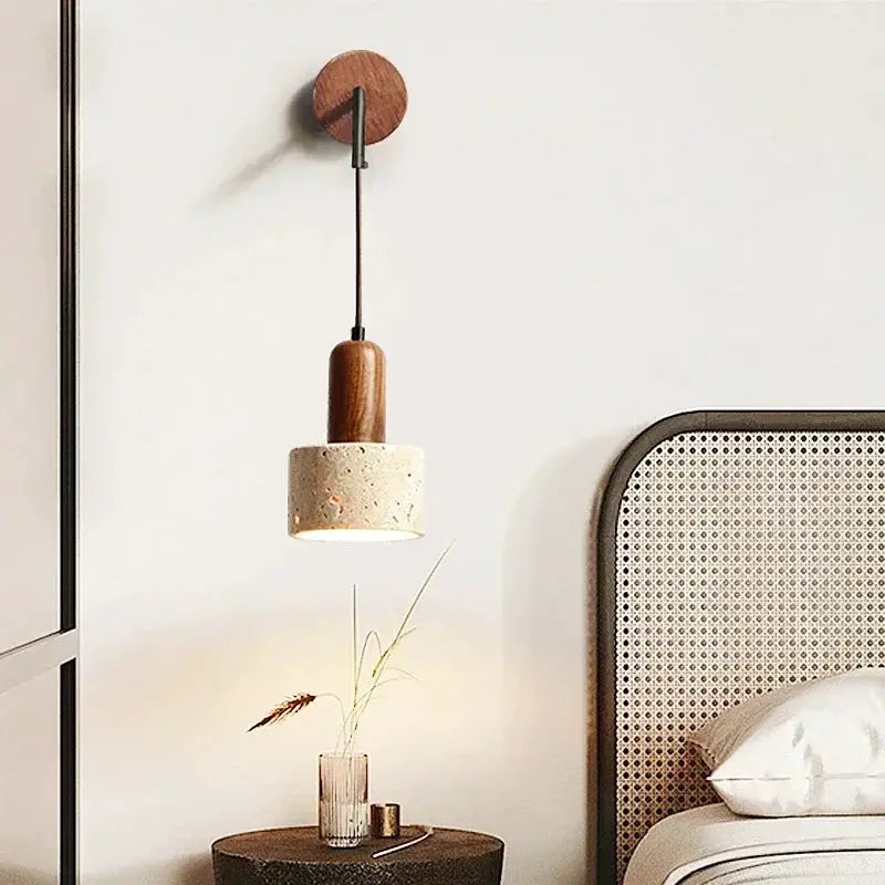 Wall lamp sconce with peach wood color and natural stone shade for retro bedside lighting.