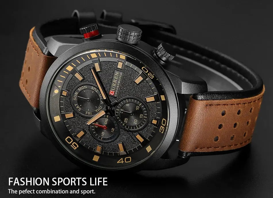 CURREN 8250 men's waterproof casual wristwatch with black dial, three subdials, and brown perforated leather strap