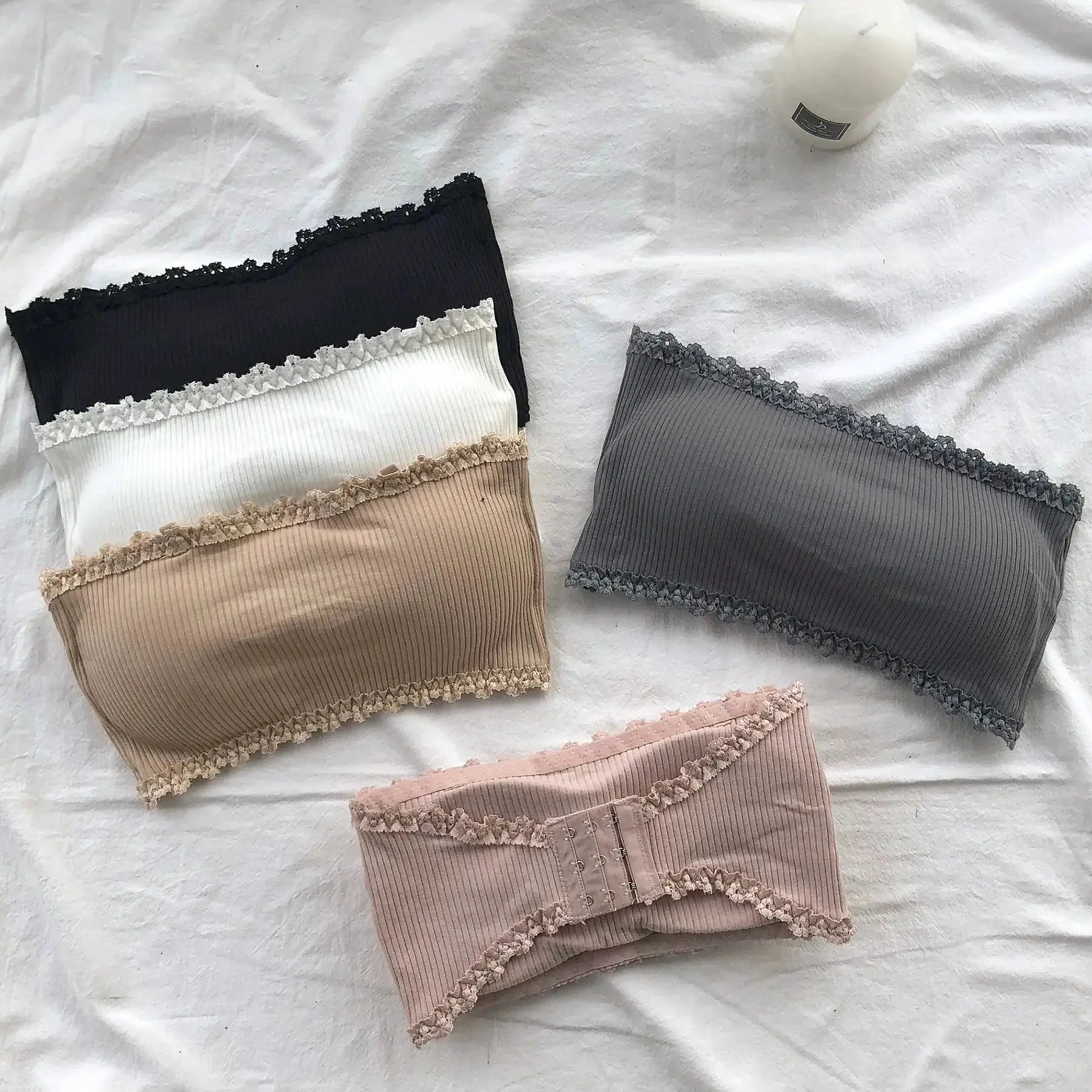 Lace strapless bras, 6-color set (black, white, beige, pink, gray, taupe) with scalloped lace trim.