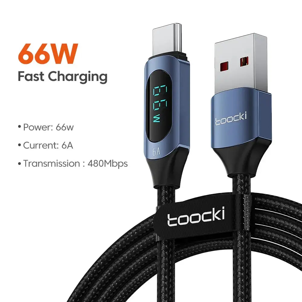 Toocki USB-C to USB-C cable with blue connectors and braided black cable, 66W fast charging.