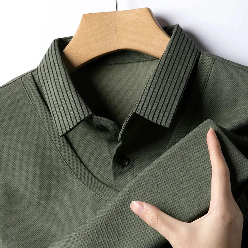 Men's long-sleeve polo shirt olive green textured knit with striped rib collar