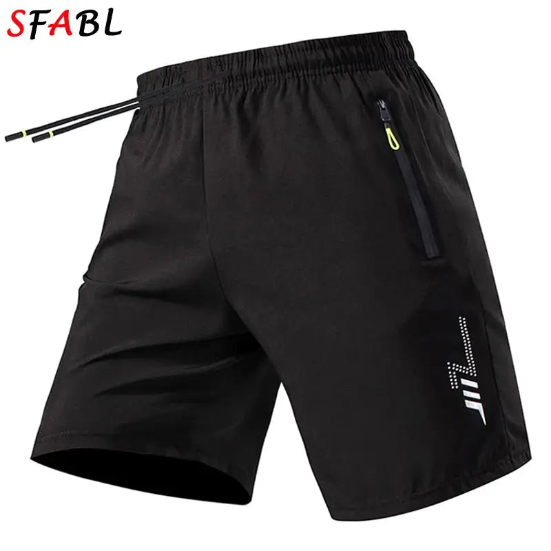 Men's black athletic shorts with drawstring and zip pocket, SFABL logo visible.