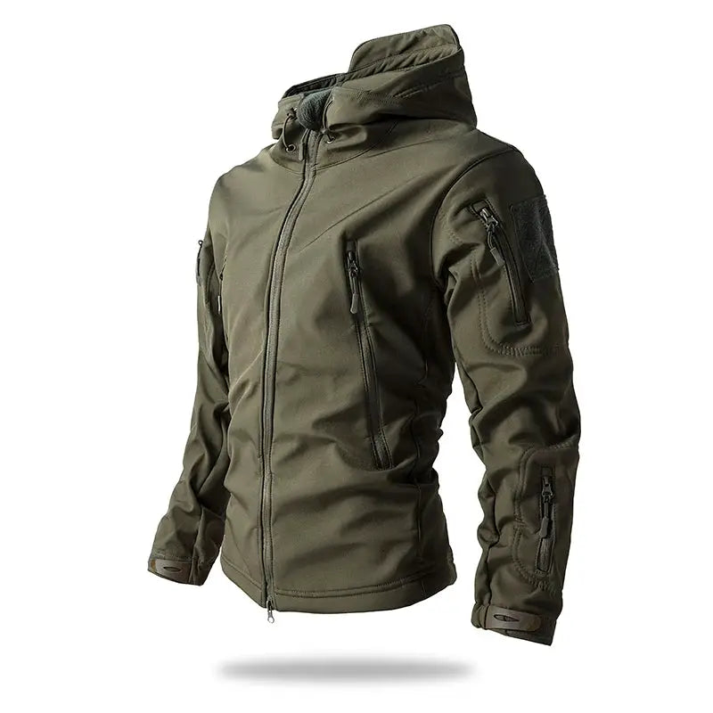 Lurker Shark Skin soft shell tactical jacket for men, waterproof hooded camouflage coat in olive green by Simples Market