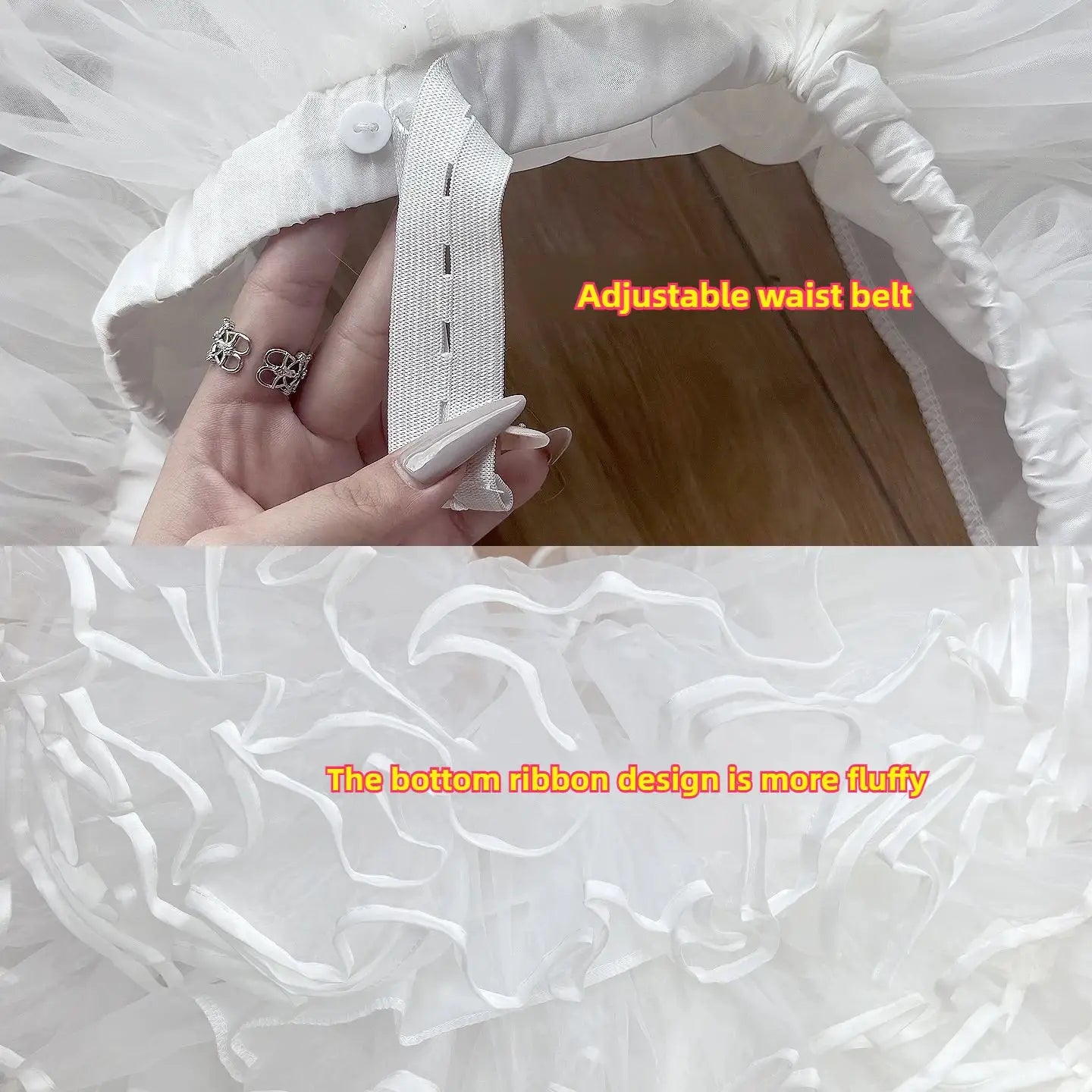 White Lolita petticoat with adjustable waist belt and fluffy mesh bottom ruffle; short crinoline underskirt for volume