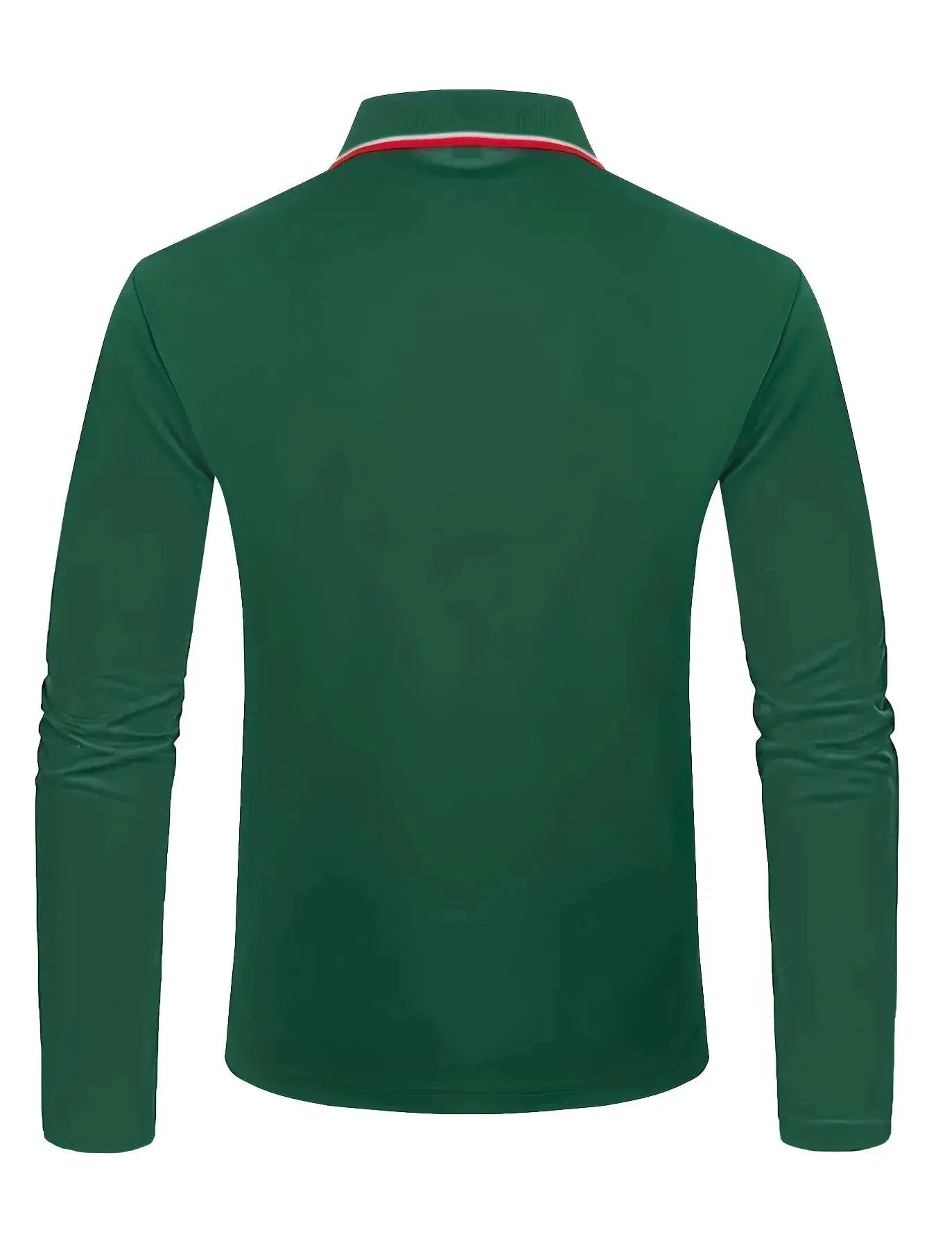 Men's green long-sleeve polo shirt with red and white striped collar detail.