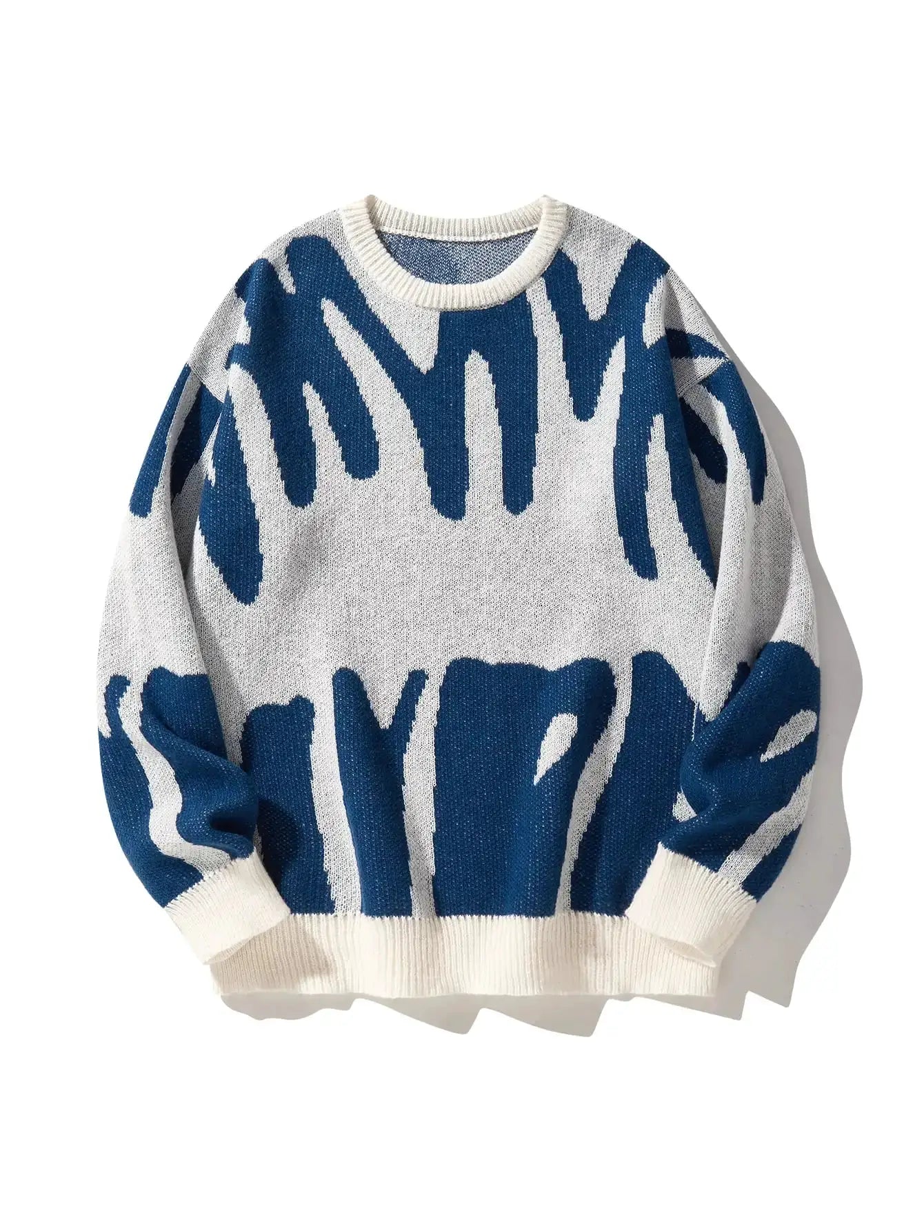 Men's knit pullover sweater in gray with blue irregular jacquard pattern, white ribbed cuffs and round neck, Simples Market