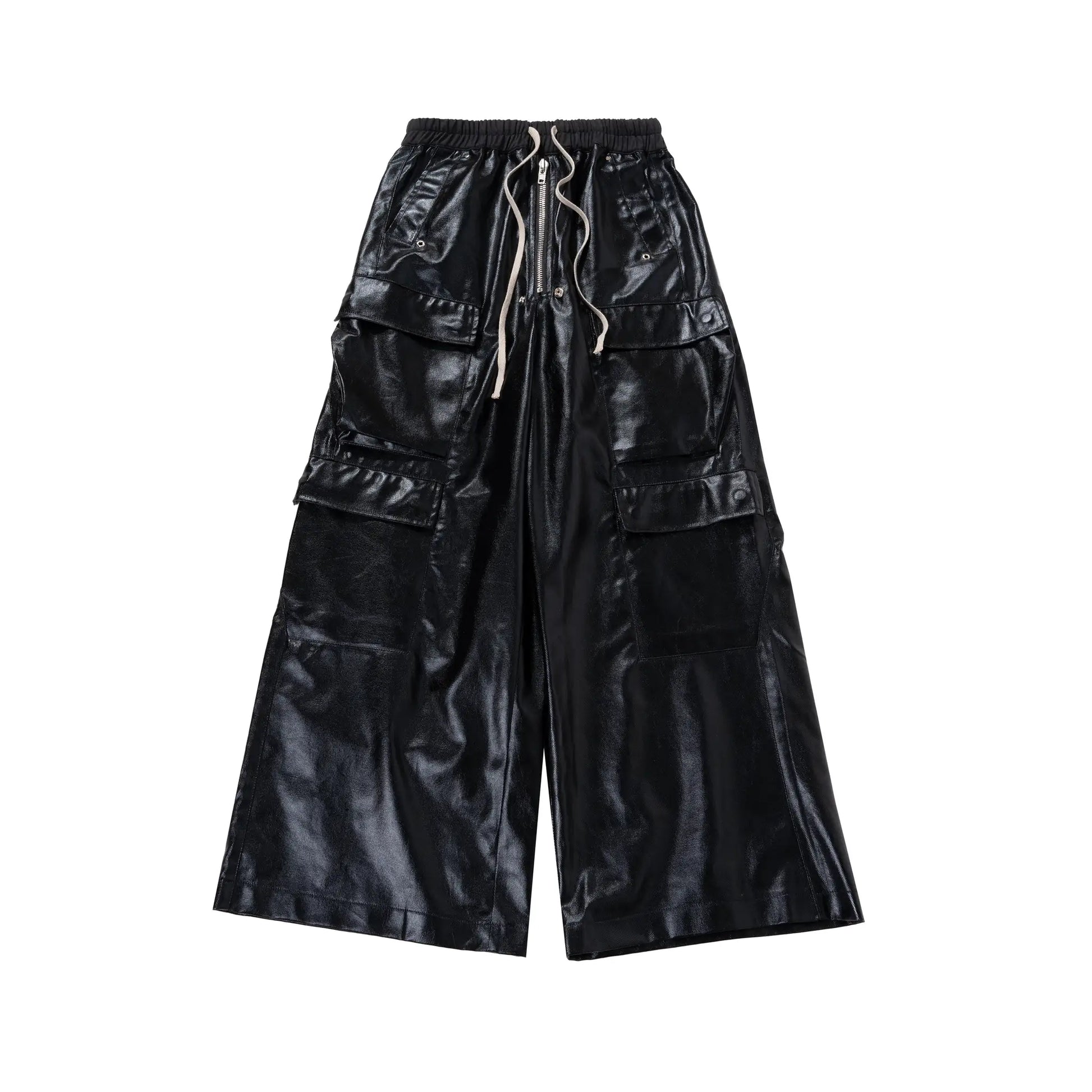 Owen Seak men's black glossy cargo pants with drawstring waist and large cargo pockets