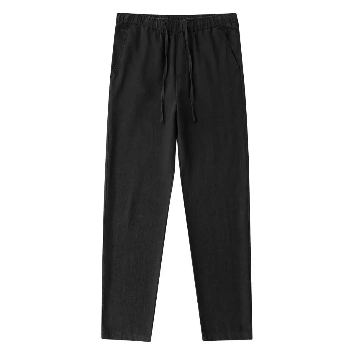 Casual cotton-linen men's pants, black, wide-leg with drawstring, Simples Market