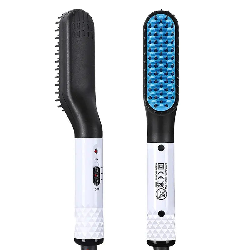 Electric hot comb straightener for beard care by Simples Market; black handle and blue bristle head, dual-view.