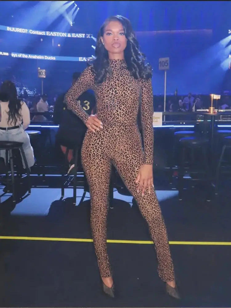 Kliou leopard print jumpsuit, full sleeves, round neck, slim-fit one-piece by Simples Market