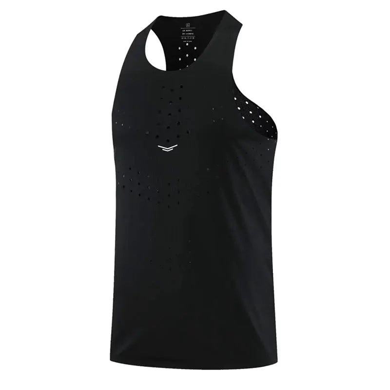 Simples Market athletics tank top, black sleeveless running singlet with perforated ventilation holes and a white logo.