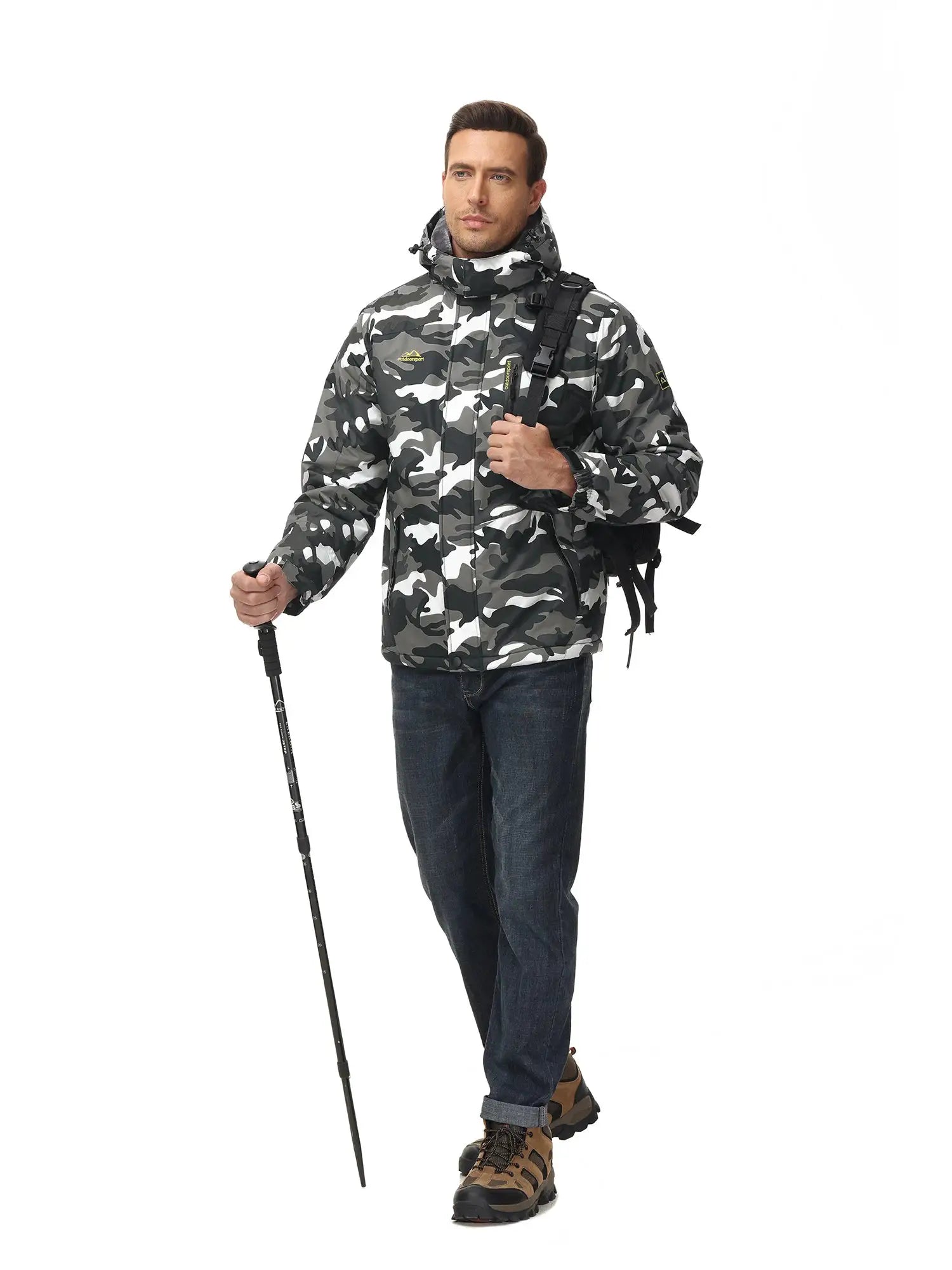KEFITEVD men's camouflage winter ski jacket, waterproof and warm with thick fleece lining, hooded