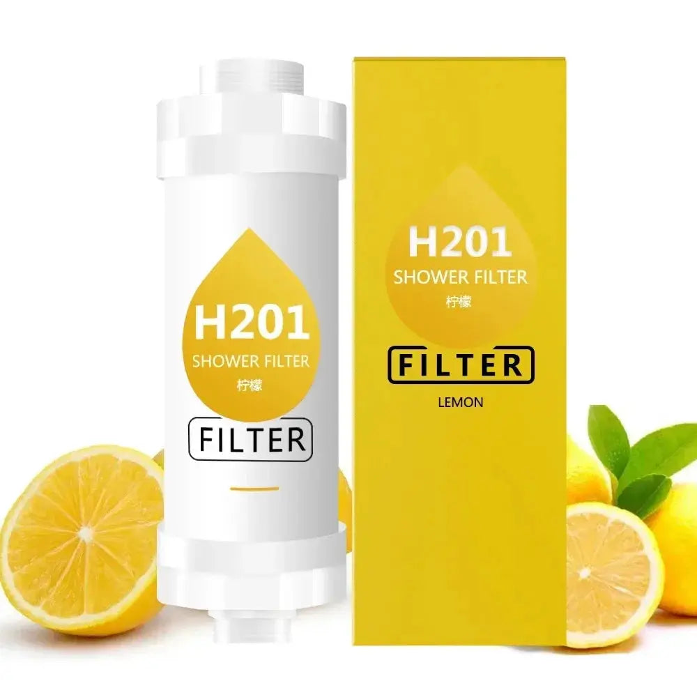 Simples Market H201 shower filter; white bottle with yellow drop logo beside yellow box and lemon slices (2 items)