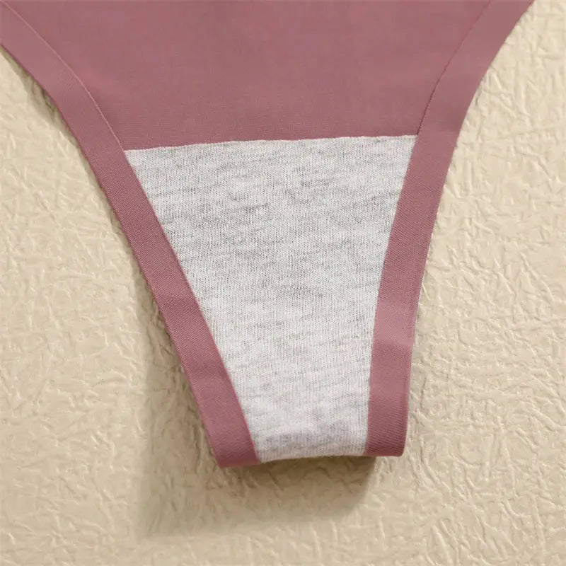 Seamless thong underwear, pink with gray panel, low-rise breathable bikini style
