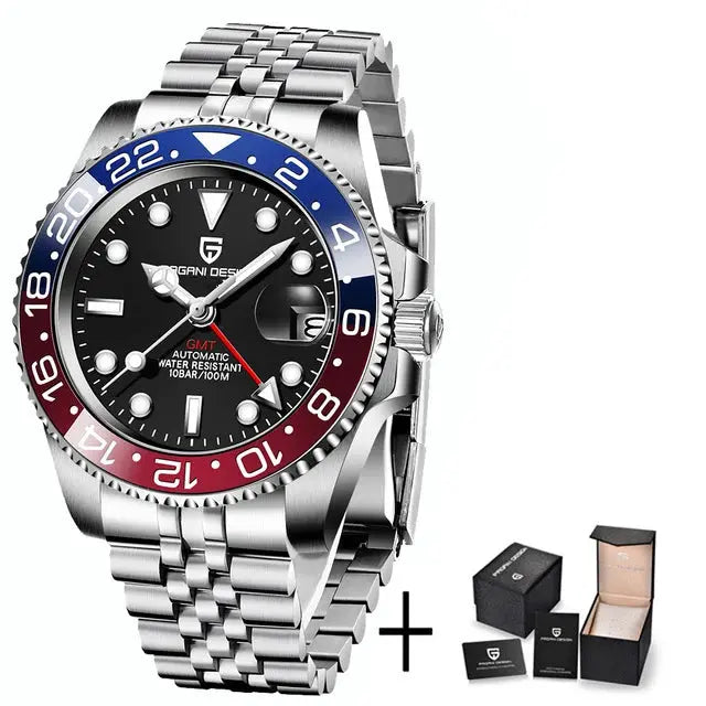Pagani Design V3 GMT men's stainless steel watch with blue-red Pepsi bezel, 40mm, sapphire crystal