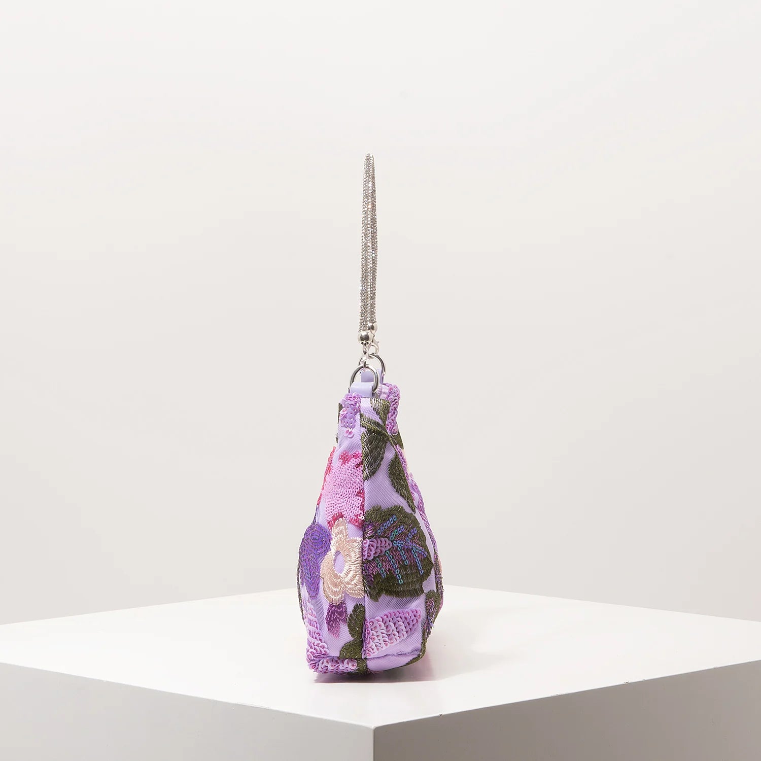 Shoulder bag with purple floral fabric and embroidery, silver chain strap