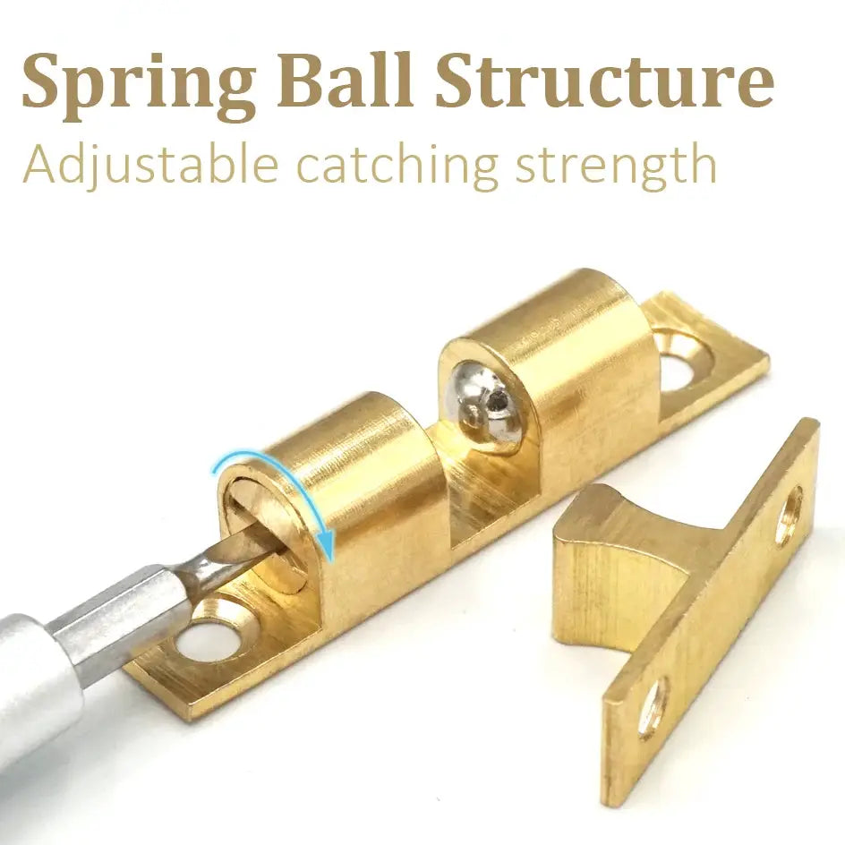Cabinet door catch set, solid brass with adjustable spring ball latch and mounting hardware