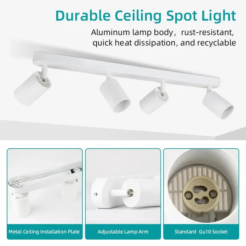 Simples Market 4-head GU10 LED ceiling spotlight track light in white aluminum with adjustable lamp arms