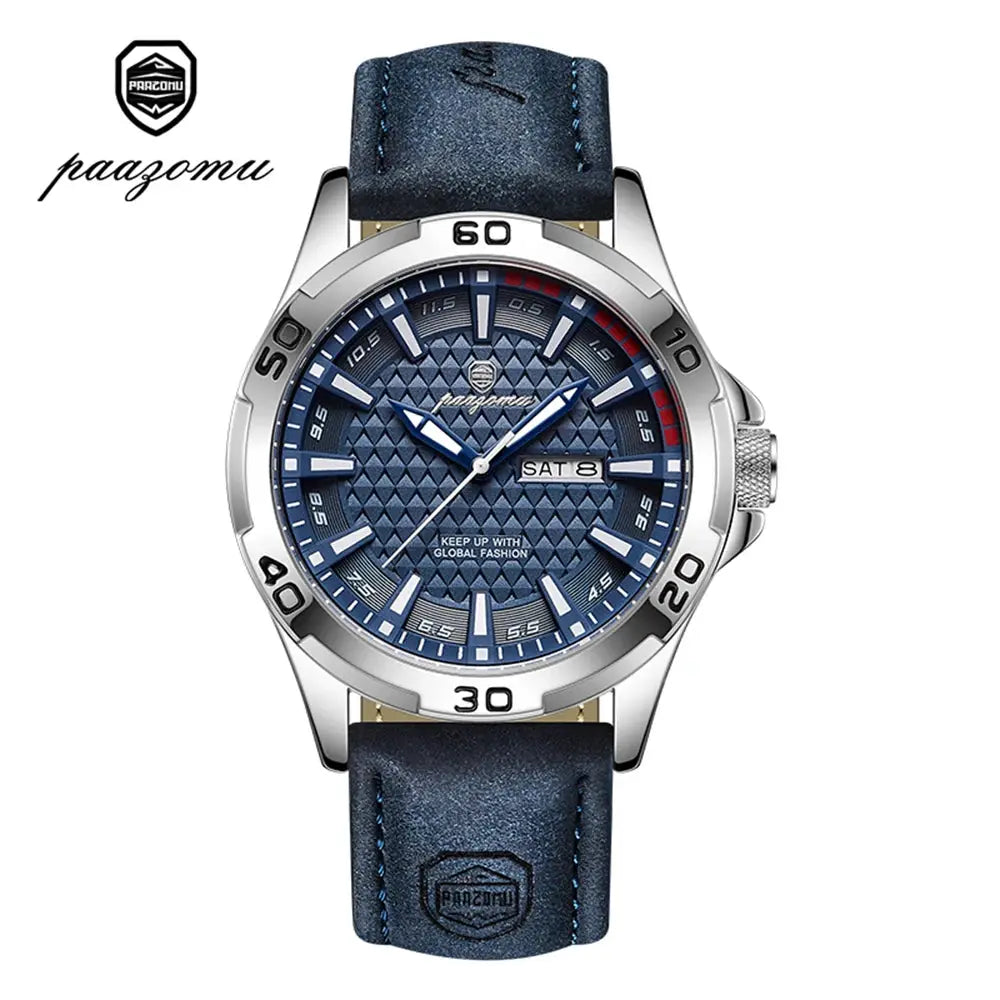 PAAZOMU men's luxury wristwatch with blue dial, stainless steel case, blue leather strap, day-date, luminous hands.