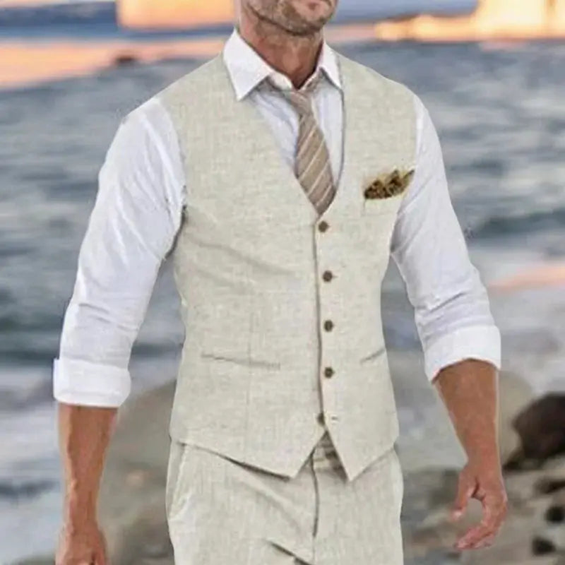 Beige linen men's waistcoat suit set by Simples Market, with matching trousers, white shirt and tan tie