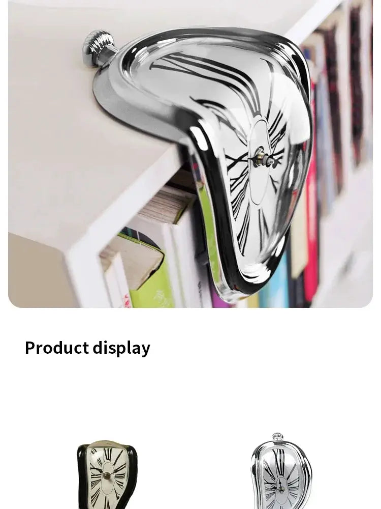 Surreal Melting Clock by Simples Market, chrome Salvador Dali-style wall clock, decorative set of 2 for home/office
