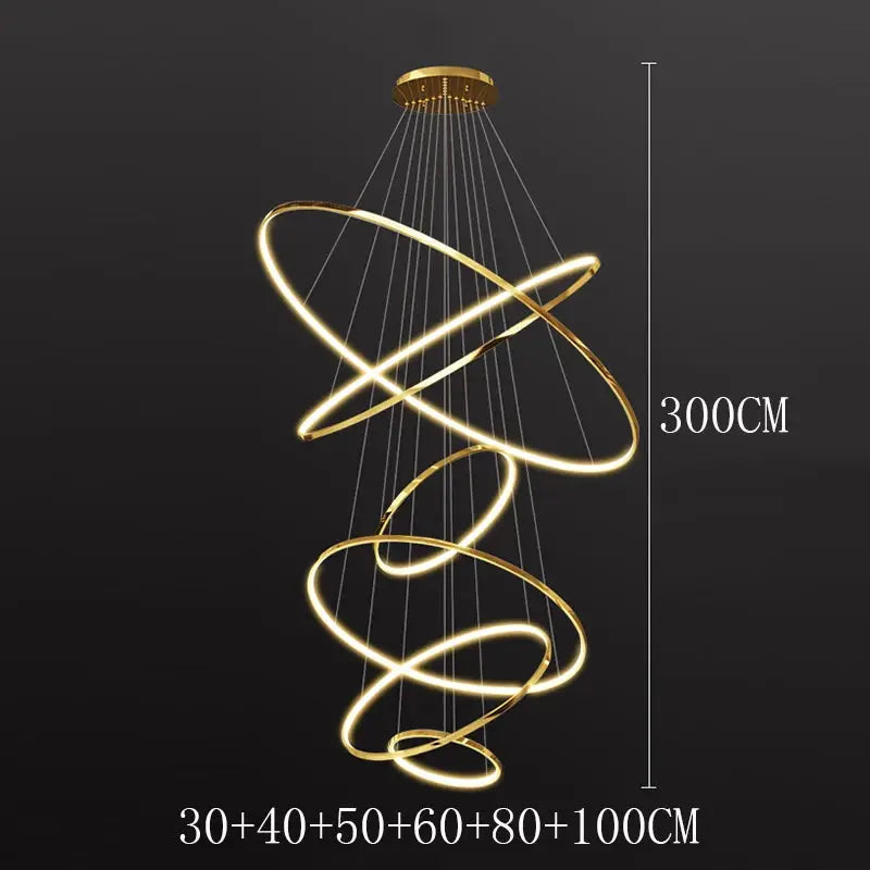 Gold LED pendant chandelier with intertwined circular rings for modern living room lighting, 300cm tall