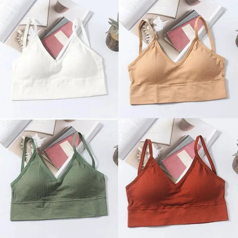 Kit of 4 Simples Market women's seamless cotton bras in white, beige, olive green, and rust.