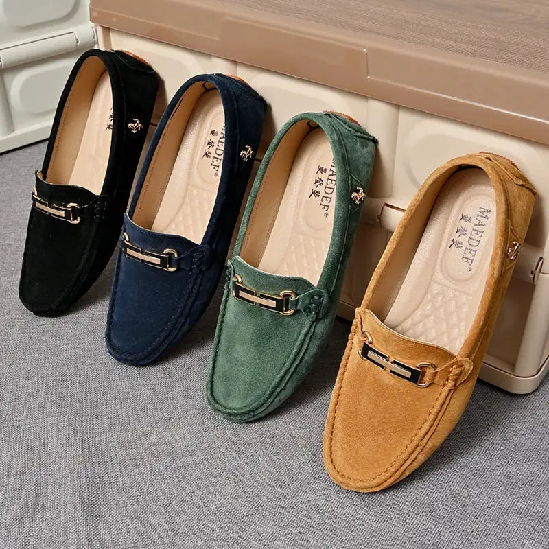YRZL men's suede loafers; four color options (black, navy, green, tan) with gold bit hardware, slip-on driving moccasins