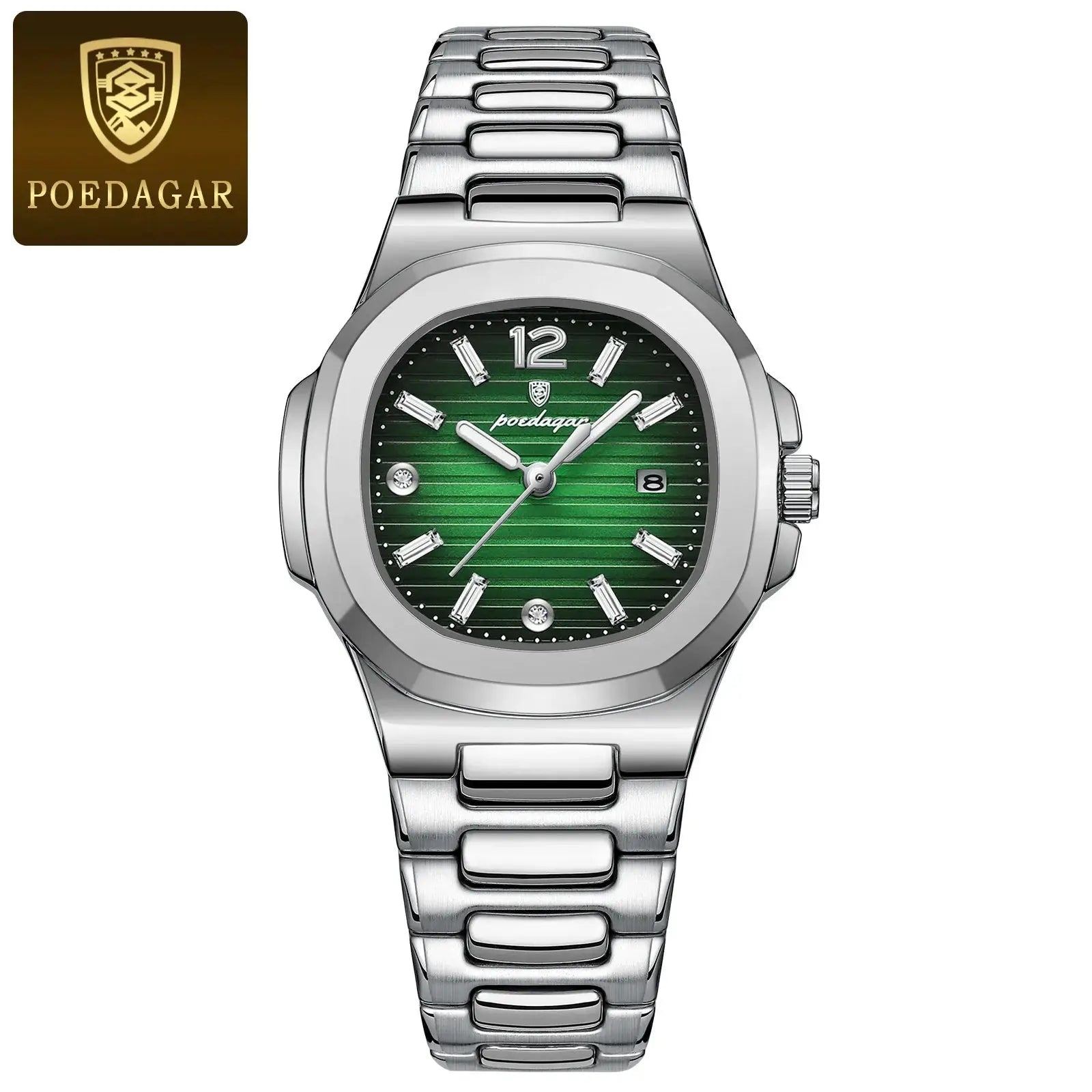 POEDAGAR square women's stainless steel wristwatch with green dial and date window