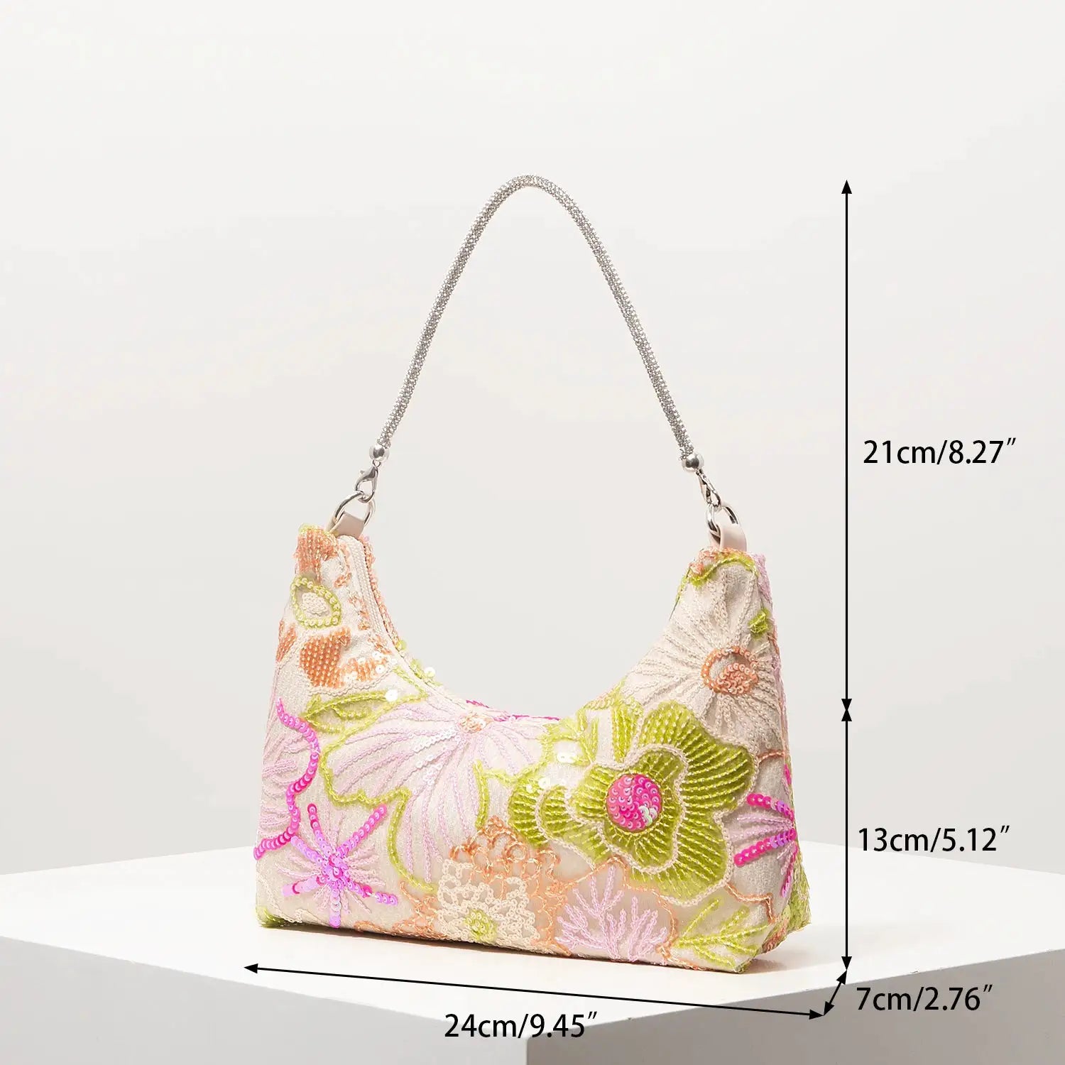 Shoulder bag from Simples Market with floral embroidery and sequins, silver chain strap