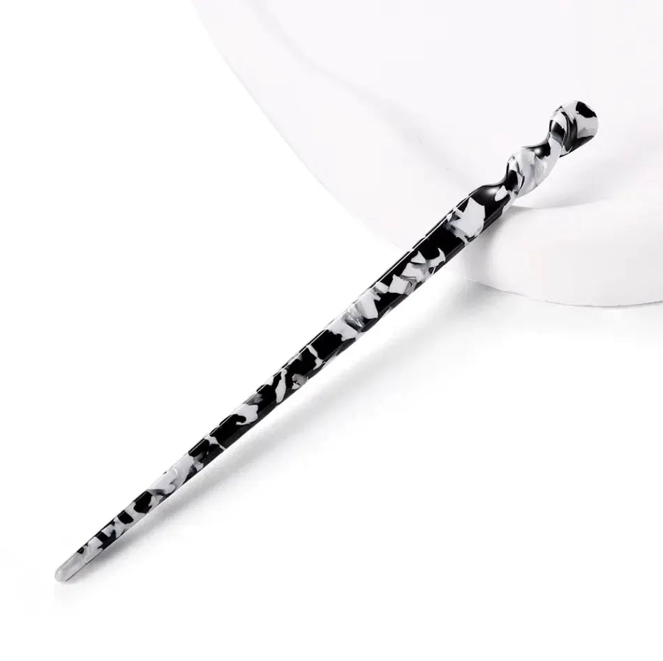 Chinese style acetate resin hair stick in black and white tortoiseshell pattern