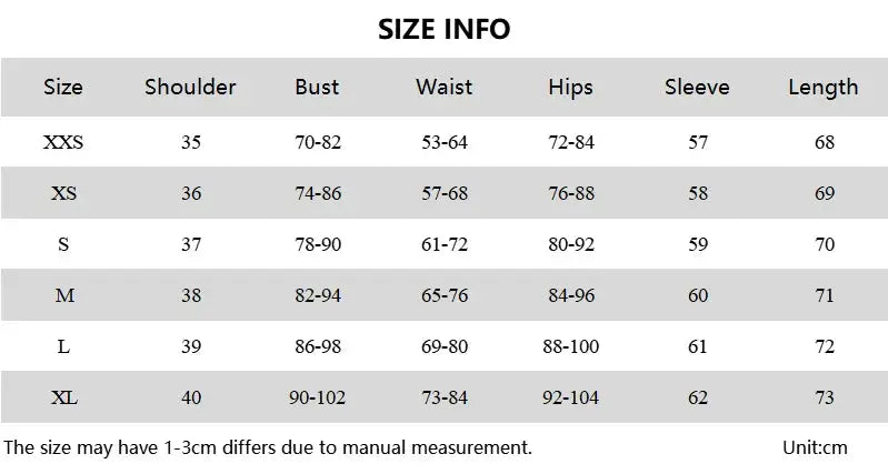 Hugcitar playsuit size chart showing XS–XL with shoulder, bust, waist, hips, sleeve, length measurements