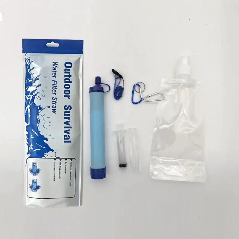 Portable Emergency Survival Water Filter Straw kit by Simples Market, blue filter straw with carabiner, accessories and pouch
