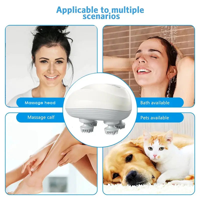 Simples Market Deep Scalp Massager, white electric massager with three rotating heads; portable, washable for scalp, calves, bath, and pets