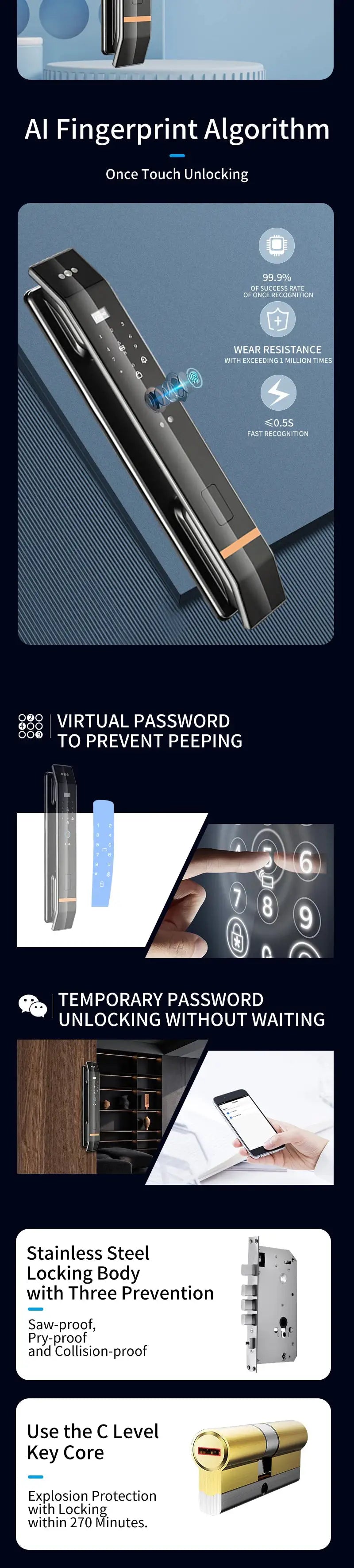 Smart door lock with biometric fingerprint, black stainless steel body