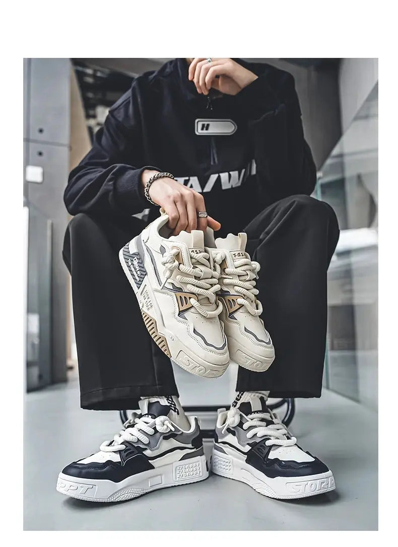 Simples Market men's trendy skate shoes; two pairs, cream-white lace-up pair held, black/white chunky sneakers worn.